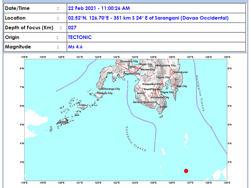 Sarangani, Davao Occidental niyanig ng magnitude 4.6 na lindol