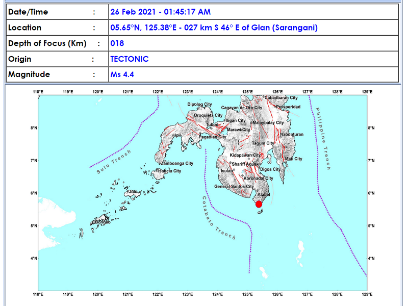 Glan, Sarangani niyanig ng magnitude 4.4 na lindol