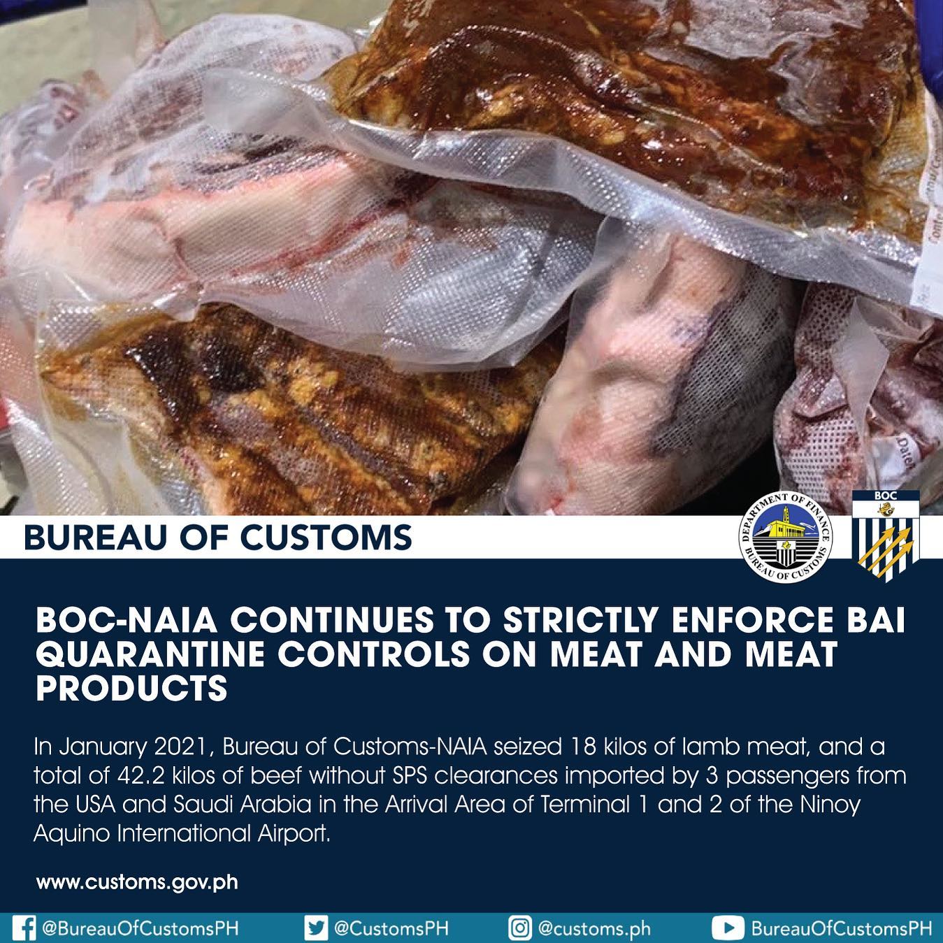 Mahigit 60 kilo ng lamb meat at karne ng baka nakumpiska ng Customs sa NAIA noong Enero