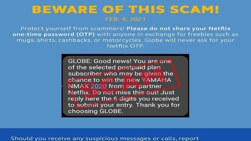 Globe nagbabala sa publiko laban sa mga scammer na nanghihingi ng Netflix OTP