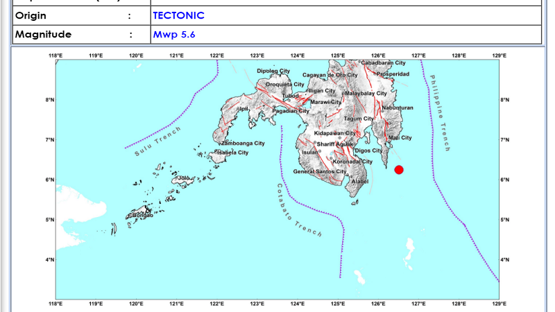 Governor Generoso, Davao Oriental niyanig ng magnitude 5.7 na lindol