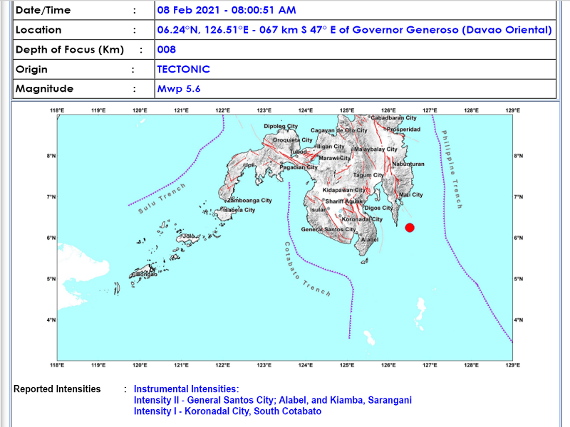 Governor Generoso, Davao Oriental niyanig ng magnitude 5.7 na lindol