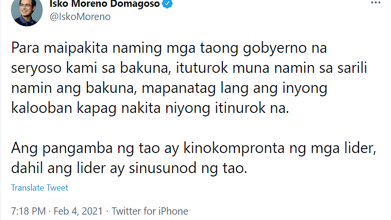 Manila Mayor Isko Moreno unang magpapaturok ng bakuna kontra COVID-19