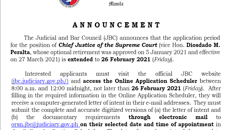 Pagtanggap ng aplikasyon para babakantehing pwesto ni Supreme Court Chief Justice Diosdado Peralta pinalawig ng JBC