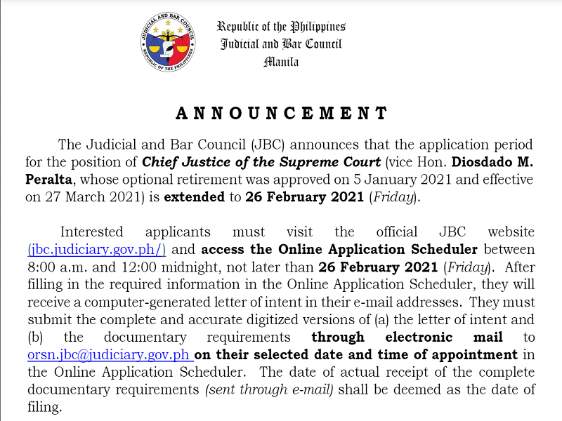 Pagtanggap ng aplikasyon para babakantehing pwesto ni Supreme Court Chief Justice Diosdado Peralta pinalawig ng JBC