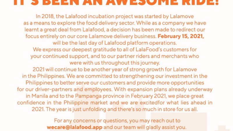 Operasyon ng LalaFood ititigil na