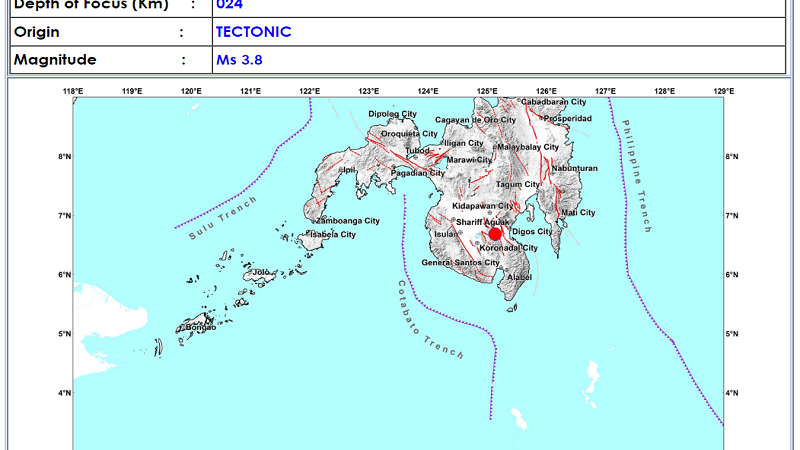 Magnitude 3.8 na lindol naitala sa Davao Del Sur