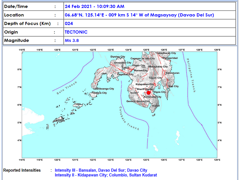 Magnitude 3.8 na lindol naitala sa Davao Del Sur