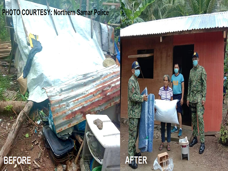 LOOK: Mga pulis nagtulung-tulong para ipagtayo ng bahay ang isang lola sa Lavezares, Northern Samar