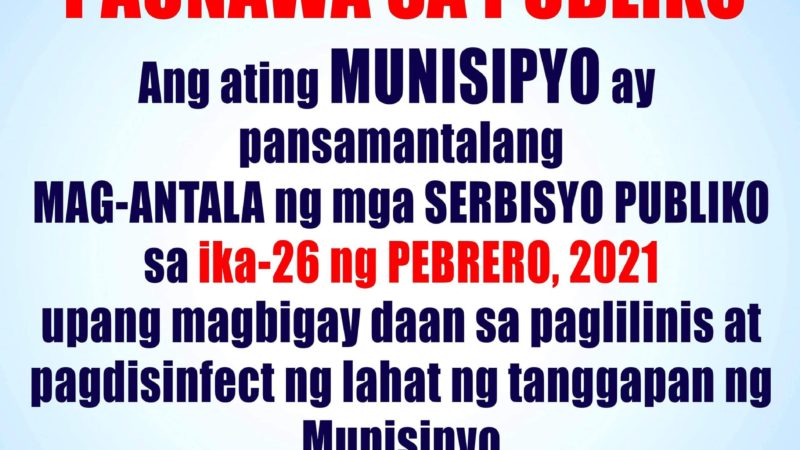 Mga tanggapan sa munisipyo ng Rodriguez, Rizal isasara sa publiko sa Biyernes, Feb. 26 para isailalim sa disinfection