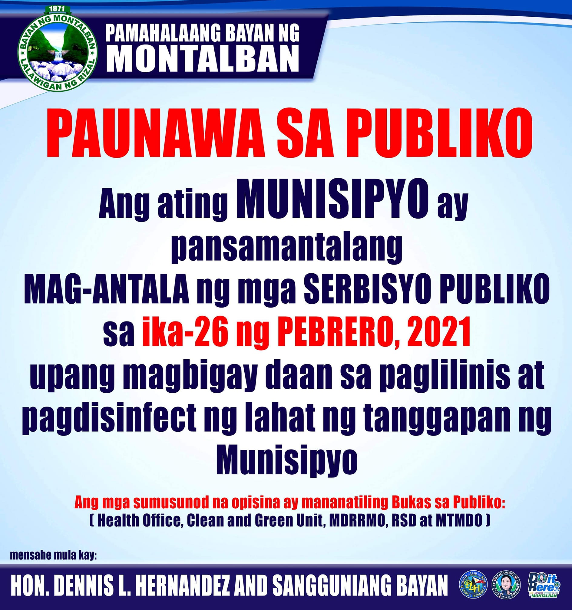 Mga tanggapan sa munisipyo ng Rodriguez, Rizal isasara sa publiko sa Biyernes, Feb. 26 para isailalim sa disinfection