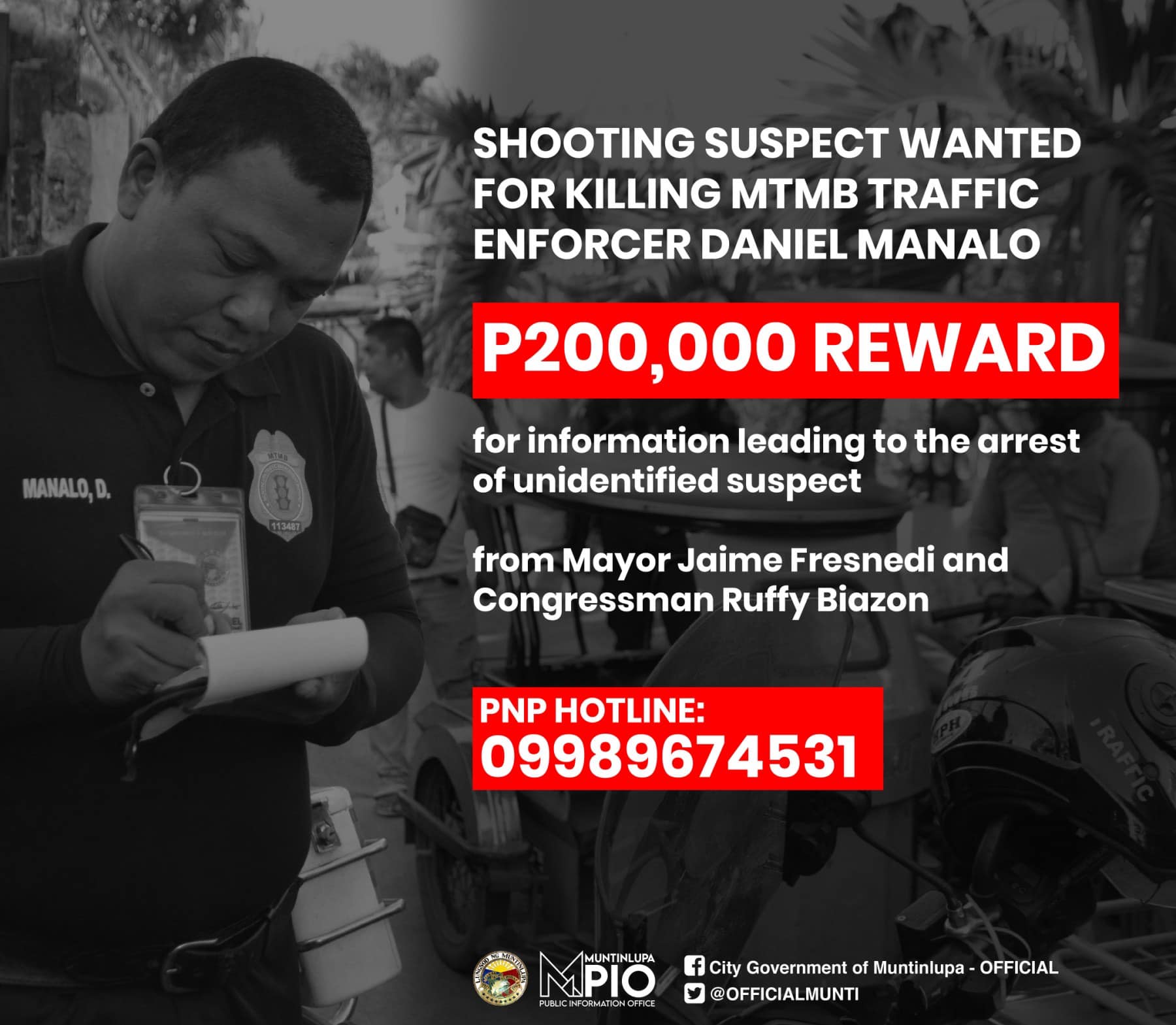 Muntinlupa City LGU nag-alok ng P200,000 para sa makapagtuturo sa suspek sa pananambang sa isang traffic enforcer