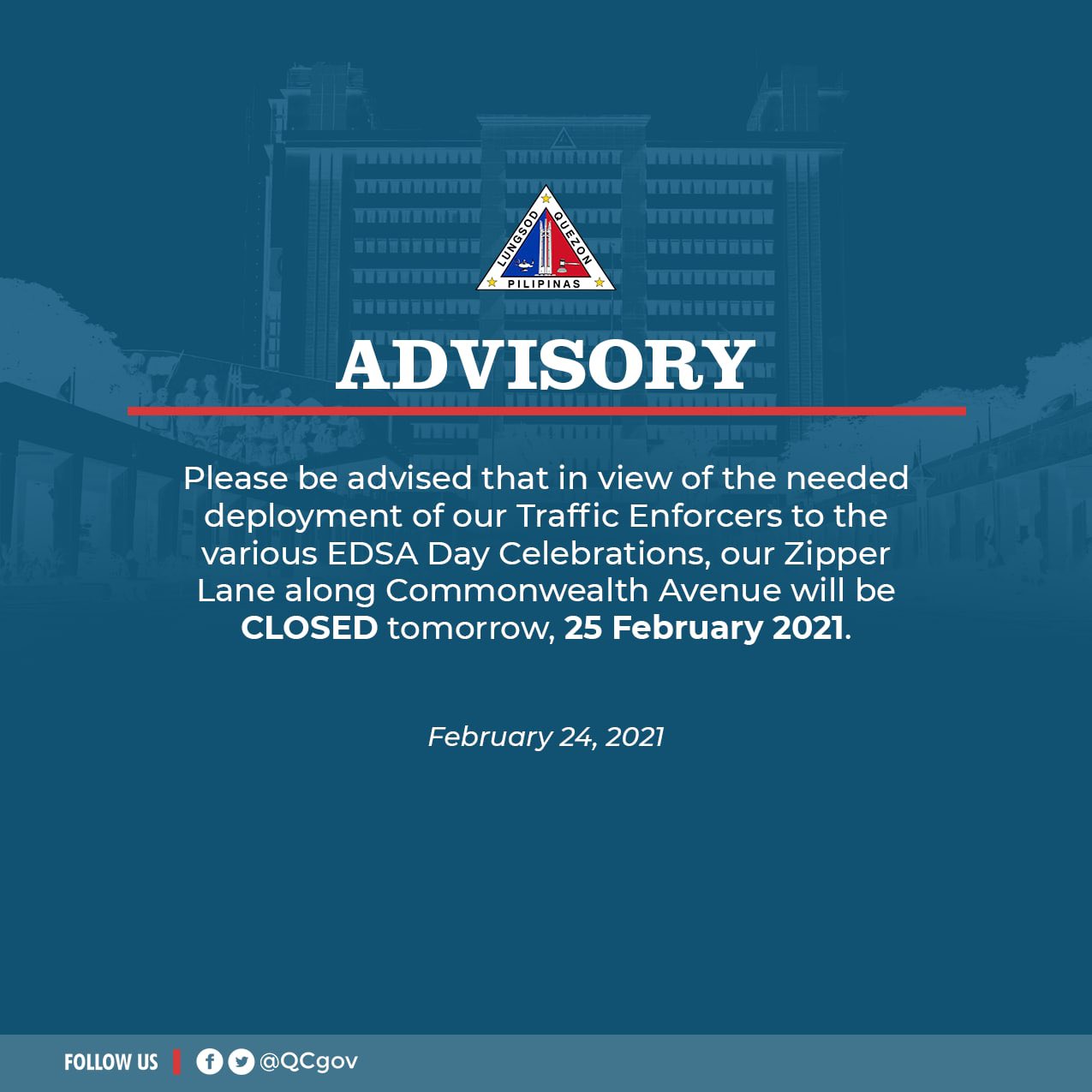 Zipper Lane sa Commonwealth Avenue isasara muna bukas (Feb. 25)