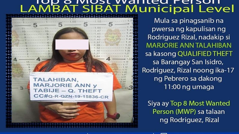 No. 8 Most Wanted sa Montalban arestado ng pulisya