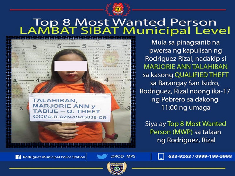 No. 8 Most Wanted sa Montalban arestado ng pulisya