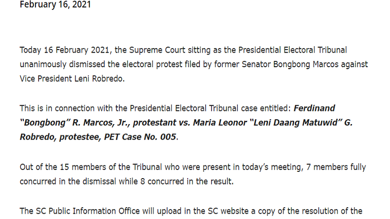 Petisyon ni dating Sen. Bongbong Marcos laban kay VP Leni Robredo ibinasura ng PET