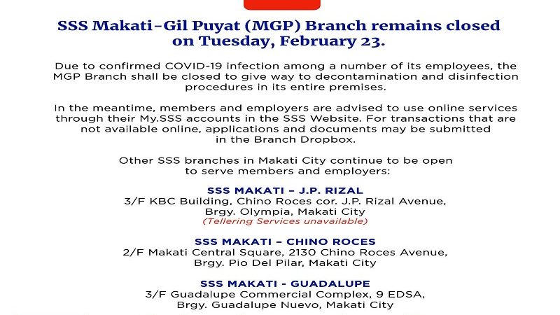 SSS Branch sa Gil Puyat, Makati sarado ngayong araw para sa disinfection; ilang empleyado nagpositibo sa COVID-19