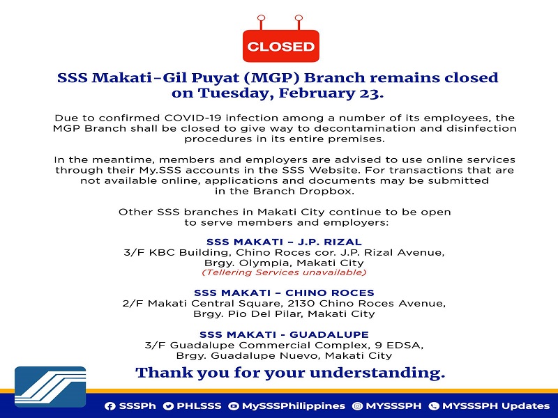 SSS Branch sa Gil Puyat, Makati sarado ngayong araw para sa disinfection; ilang empleyado nagpositibo sa COVID-19