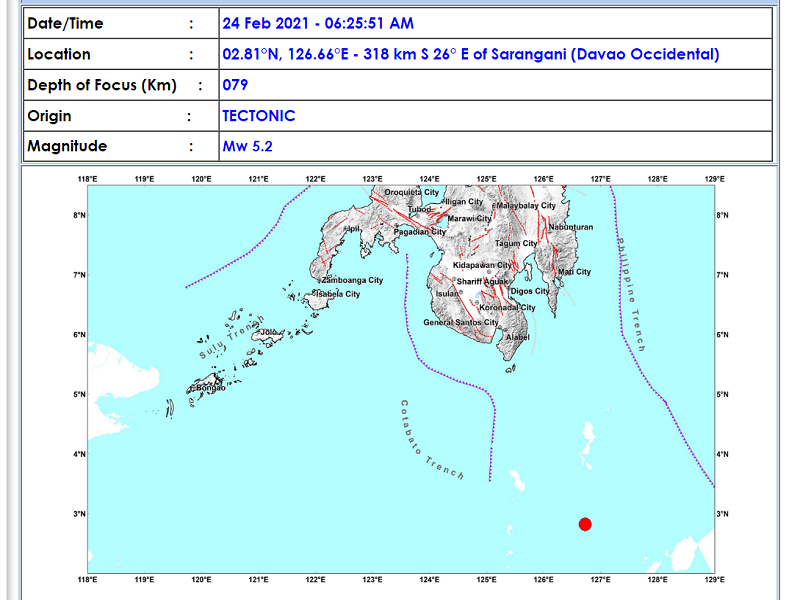 Sarangani, Davao Occidental niyanig ng magnitude 5.2 na lindol