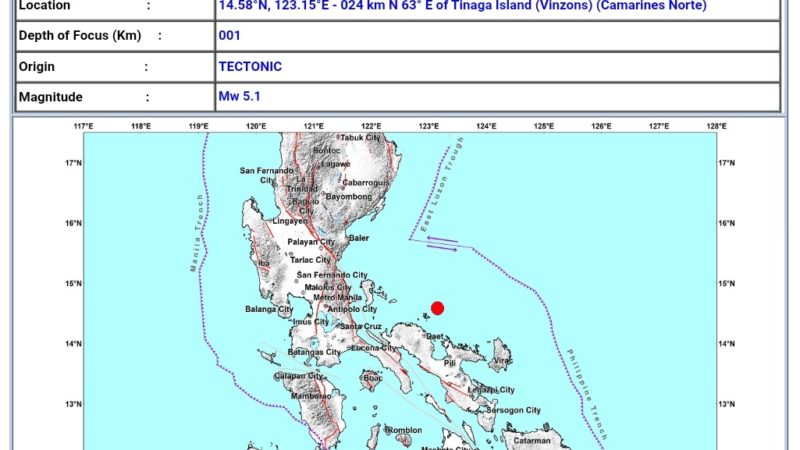 Vinzons, Camarines Norte niyanig ng magnitude 5.1 na lindol; pagyanig naramdaman sa Metro Manila