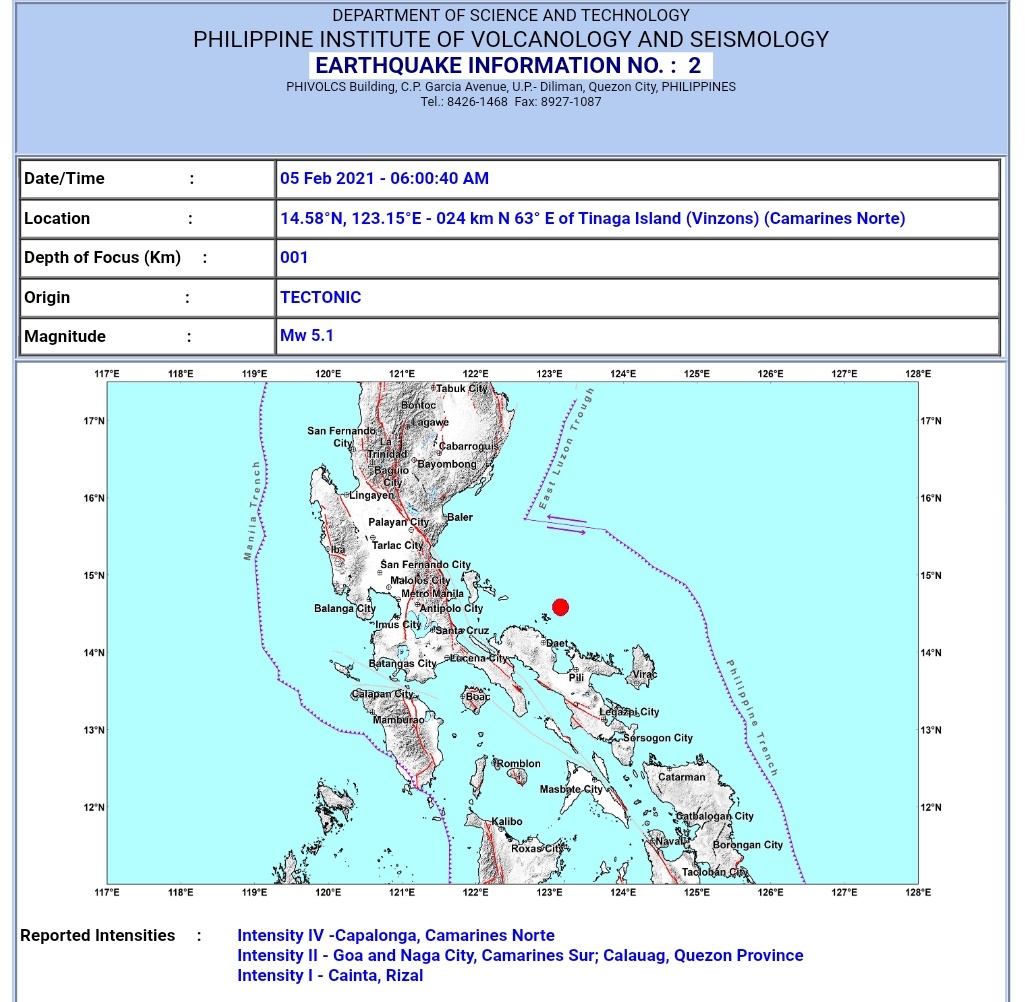 Vinzons, Camarines Norte niyanig ng magnitude 5.1 na lindol; pagyanig naramdaman sa Metro Manila