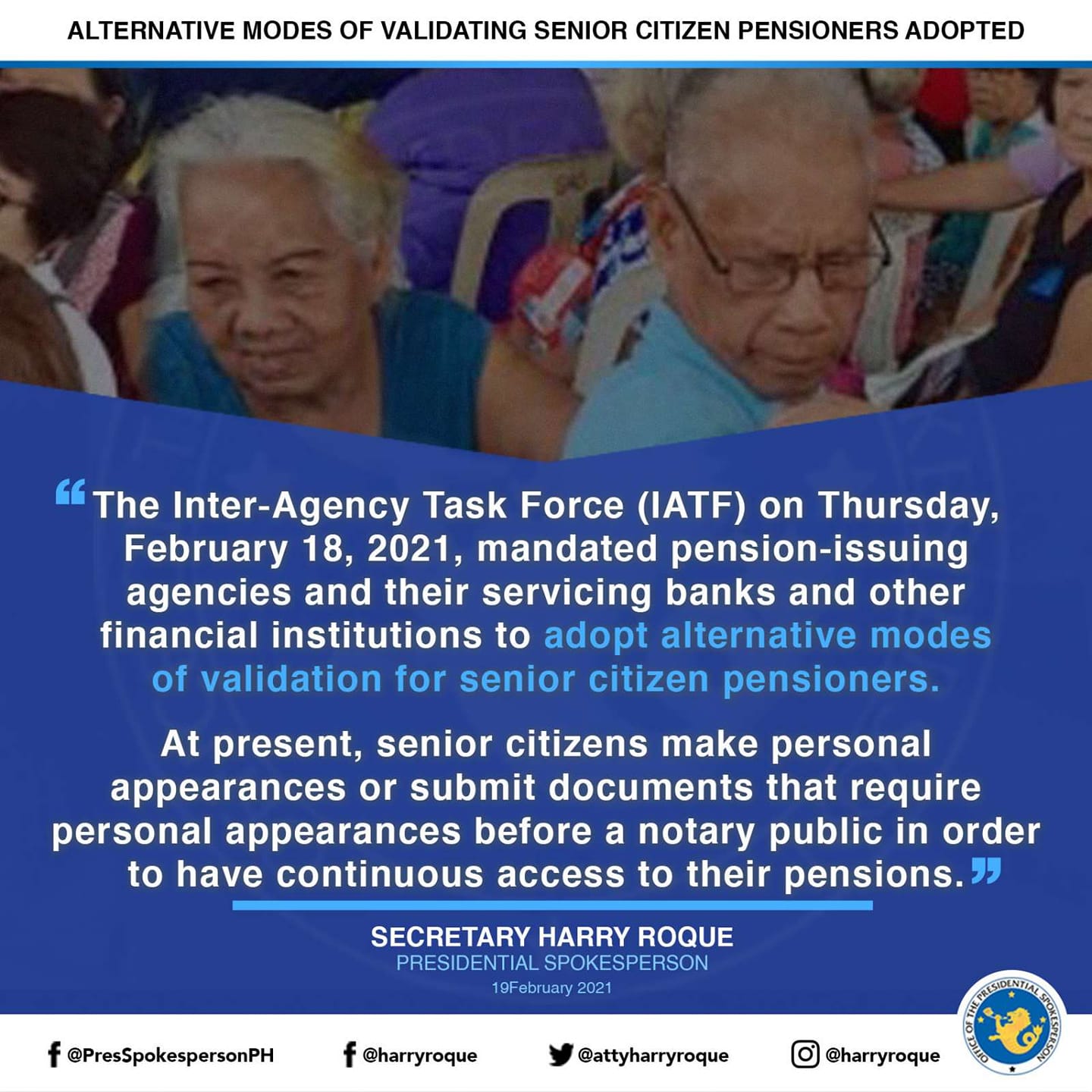 Senior Citizens hindi na kailangan ng personal appearance para sa pension claims simula sa March 1 – Malakanyang