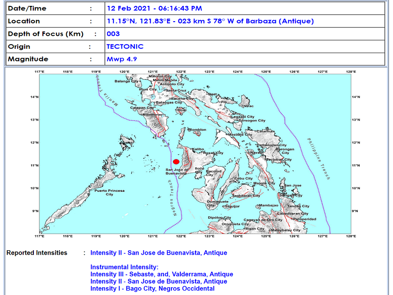 Barbaza, Antique niyanig ng magnitude 4.9 na lindol