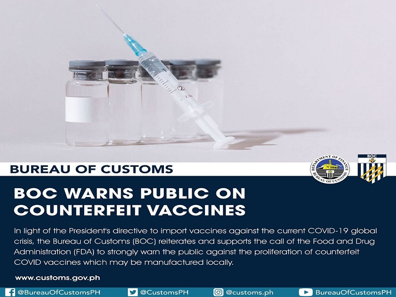 Customs nagbabala sa posibleng paglaganap ng pekeng COVID-19 vaccine