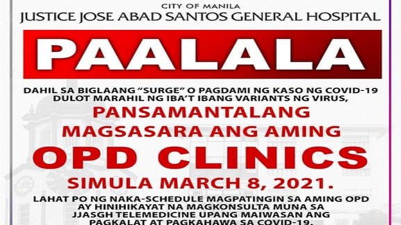 COVID-19 cases sa Justice Jose Abad Santos General Hospital tumaas; OPD ng ospital sarado muna