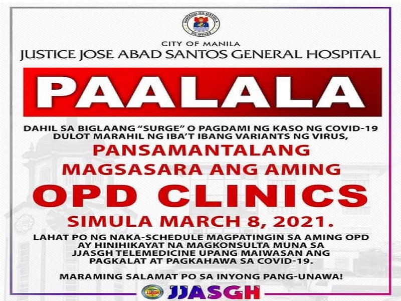 COVID-19 cases sa Justice Jose Abad Santos General Hospital tumaas; OPD ng ospital sarado muna