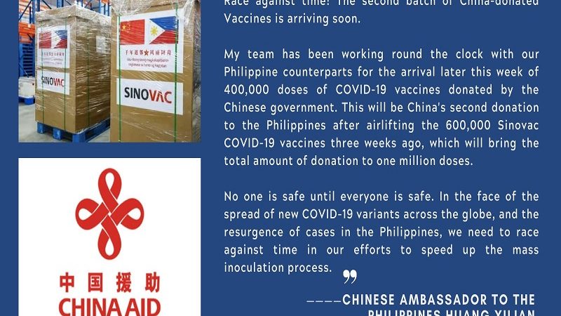 400,000 doses pa ng COVID-19 vaccine mula sa China darating sa bansa ngayong linggo