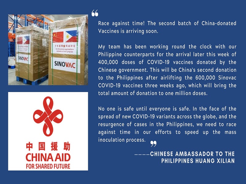 400,000 doses pa ng COVID-19 vaccine mula sa China darating sa bansa ngayong linggo