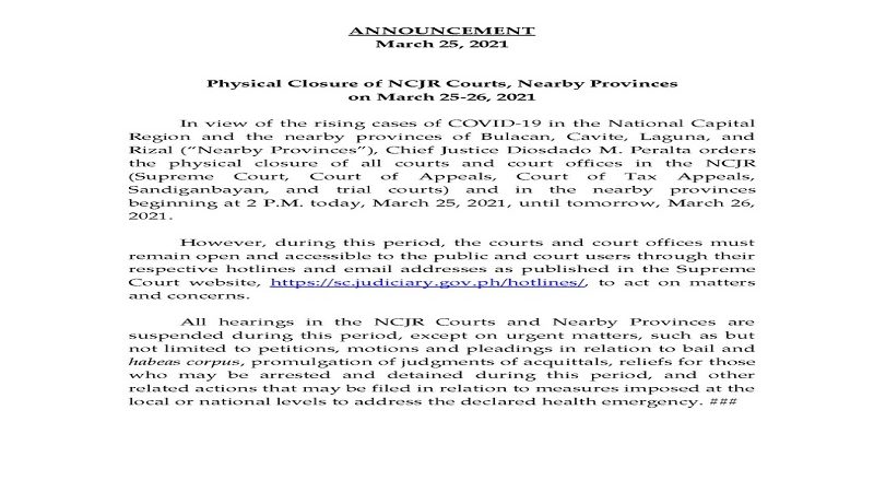 Physical closure ng mga korte na sakop ng NCR Plus iniutos ng Korte Suprema