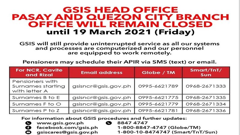 Head office ng GSIS sa Pasay City at Quezon City sarado hanggang Mar. 19