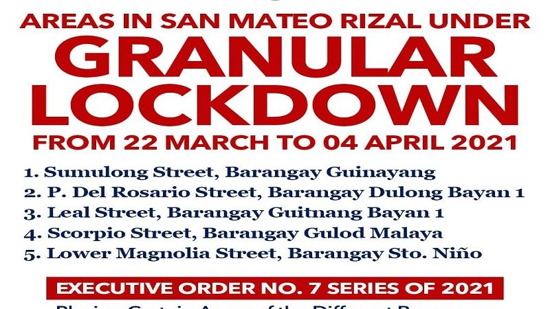 Limang lugar sa San Mateo, Rizal nakasailalim sa granular lockdown