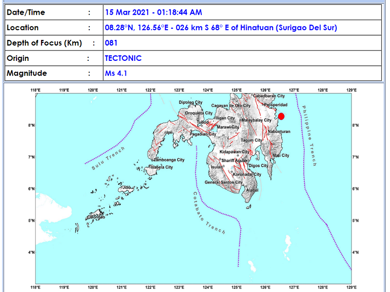 Hinatuan, Surigao del Sur niyanig ng magnitude 4.1 na lindol