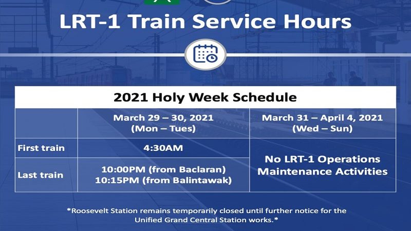 LRT-1 inilabas na ang kanilang schedule para sa Holy Week