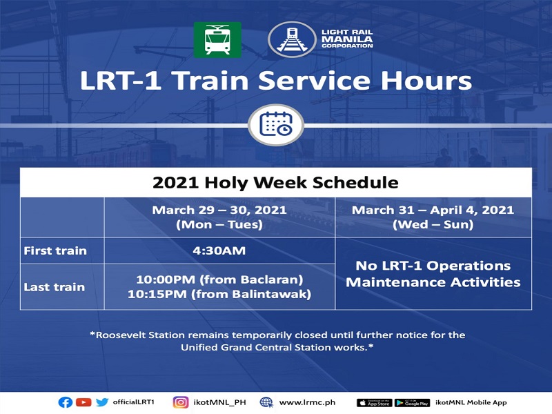 LRT-1 inilabas na ang kanilang schedule para sa Holy Week