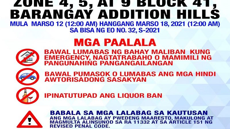 Bahagi ng Brgy. Addition Hills sa Mandaluyong isinailalim sa granular lockdown