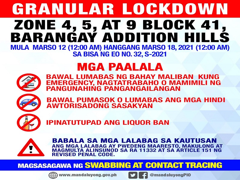 Bahagi ng Brgy. Addition Hills sa Mandaluyong isinailalim sa granular lockdown