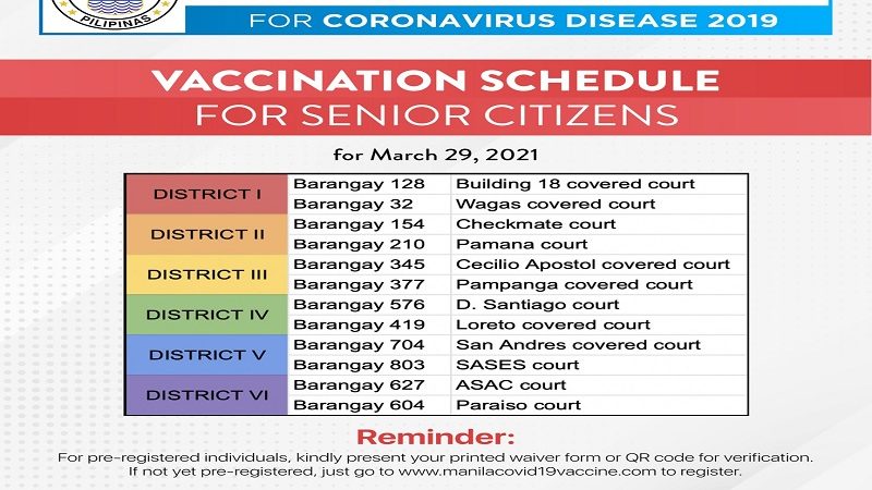 Vaccination para sa mga senior citizen sa Maynila itutuloy ngayong araw