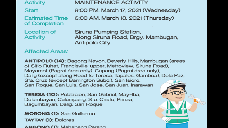 Ilang bayan sa Rizal makararanas ng 9 na oras na water service interruption sa Miyerkules