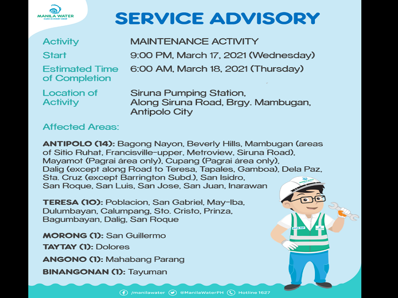 Ilang bayan sa Rizal makararanas ng 9 na oras na water service interruption sa Miyerkules