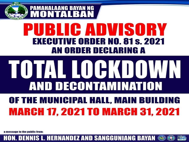 Total lockdown ipatutupad sa Munisipyo ng Montalban hanggang March 31