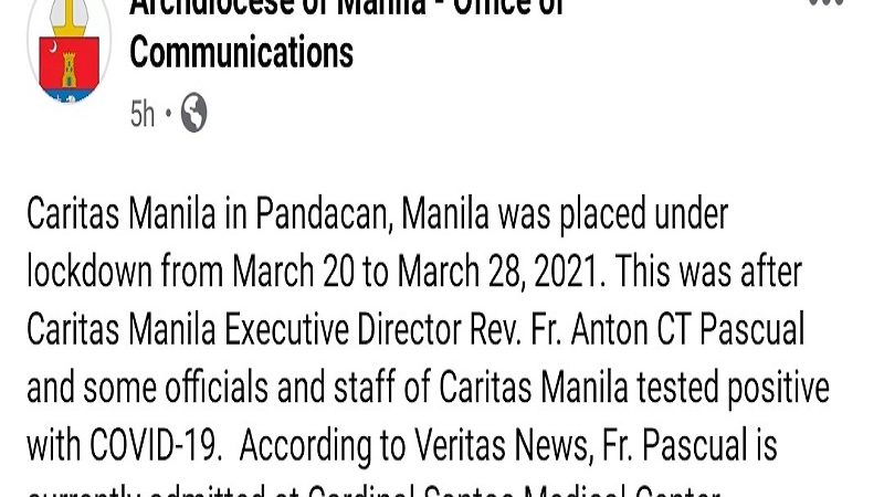 Caritas Manila sa Pandacan isinailalim sa lockdown; Exec. Dir. na si Fr. Anton Pascual nagpositibo sa COVID-19