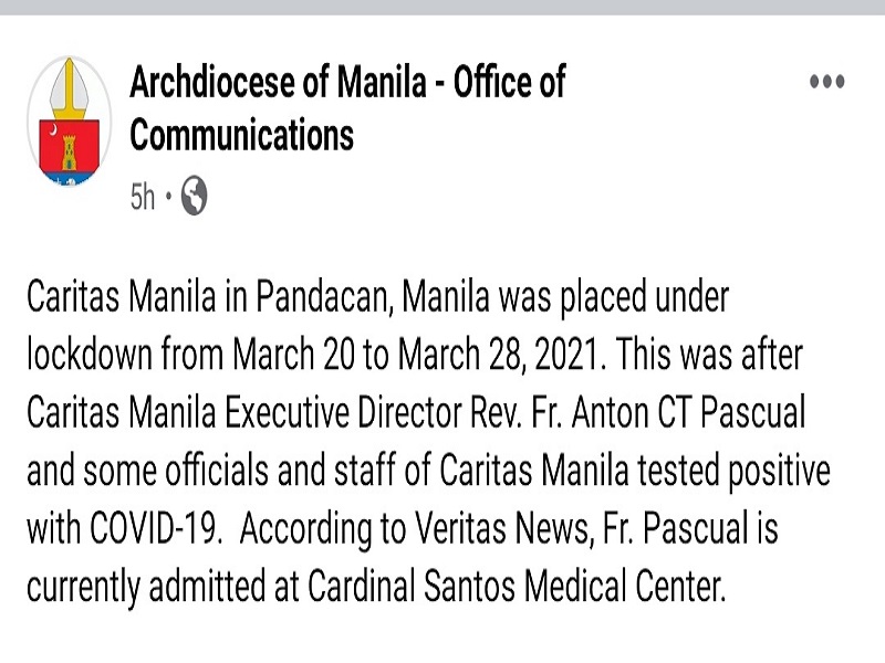 Caritas Manila sa Pandacan isinailalim sa lockdown; Exec. Dir. na si Fr. Anton Pascual nagpositibo sa COVID-19