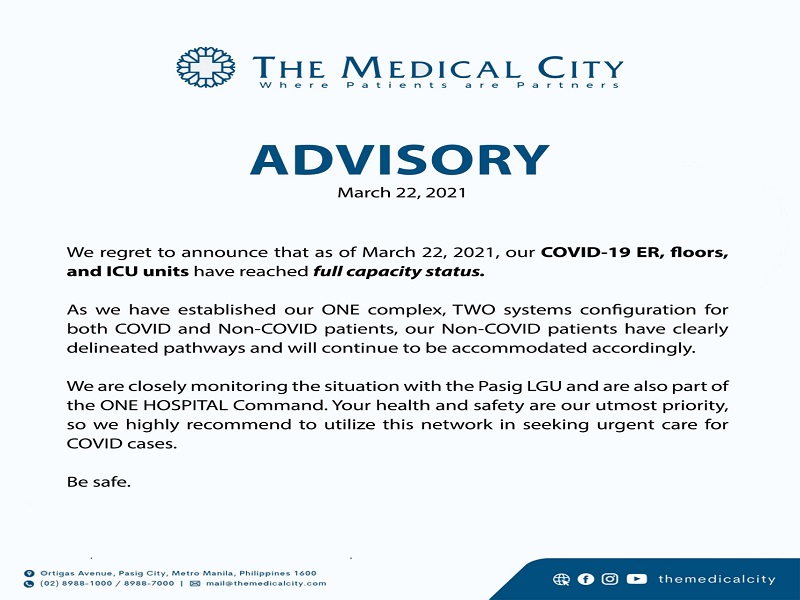 COVID-19 ER, floors at ICU unit ng Medical City punuan na