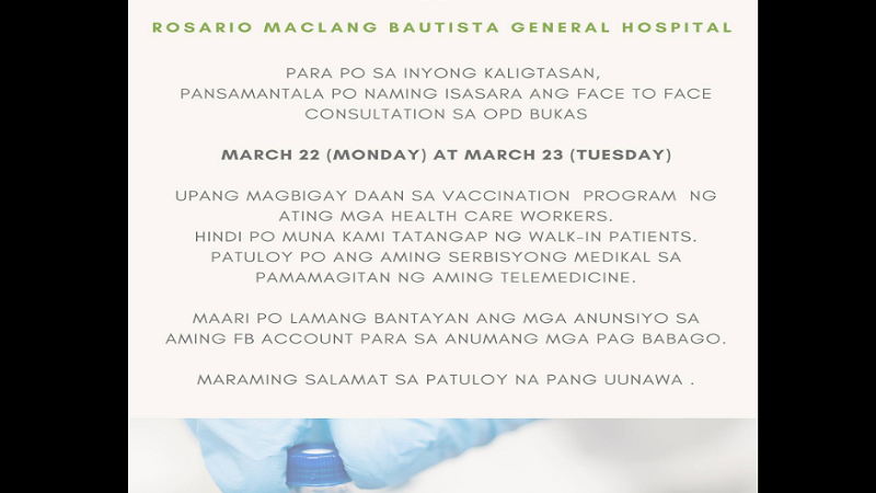 Rosario Maclang Bautista General Hospital sa QC hindi muna tatanggap ng face-to-face consultation sa kanilang OPD