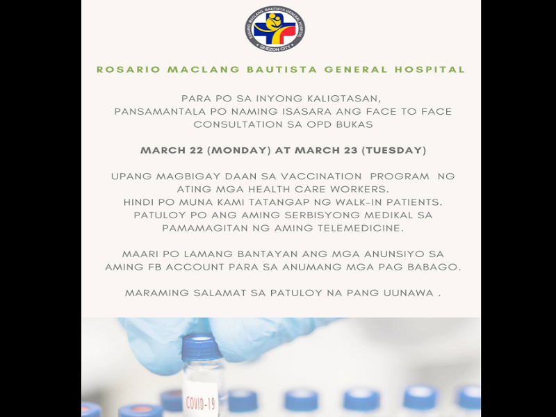 Rosario Maclang Bautista General Hospital sa QC hindi muna tatanggap ng face-to-face consultation sa kanilang OPD