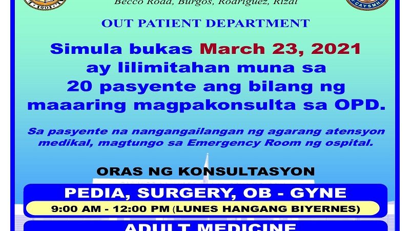 Ynares Hospital sa Montalban, Rizal lilimitahan ang pagtanggap ng pasyente sa OPD